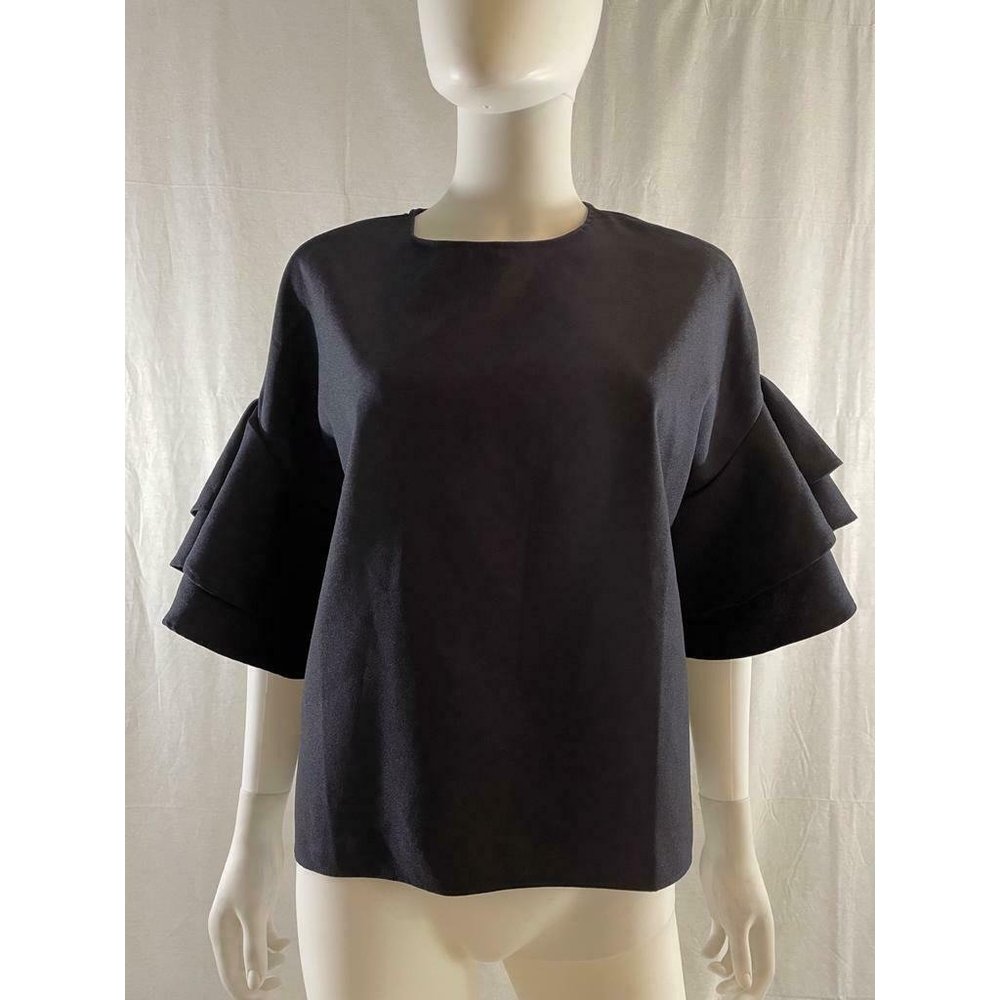 Women's Top Blouse Black Short Flared Sleeve Crew Neck Back Button V Cutout Back
